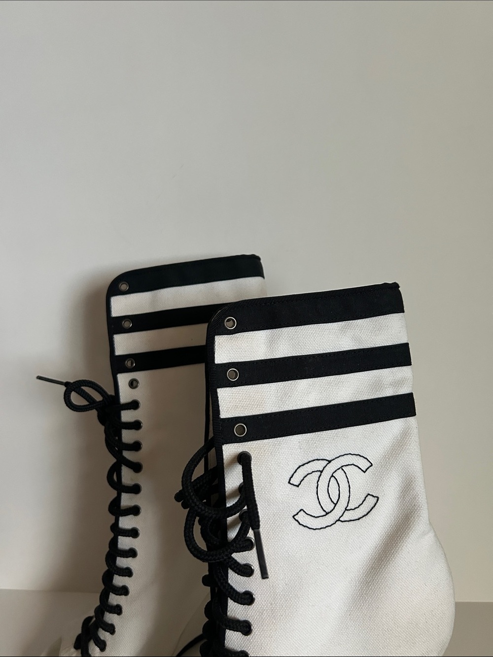 CHANEL White & Black Lace-Up Peep-Toe Wedge Boots - Picture 2 of 4